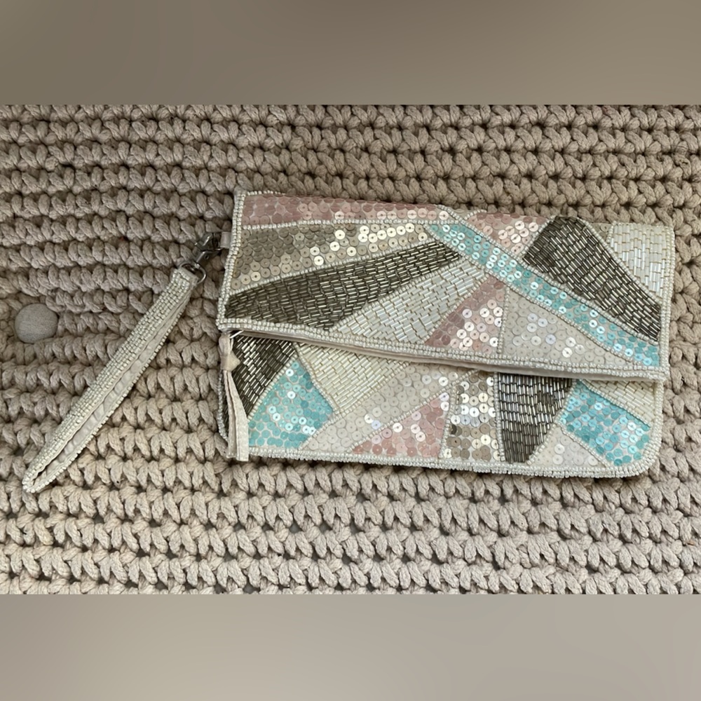 Aldo sequin/bead zipper clutch